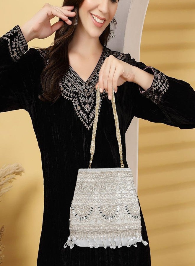 Nevis Stylish Embroidery Unique Design Traditional Wedding Party Handheld Potli Bag For Women (SILVER) - Image 5